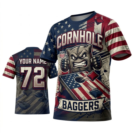 Maxcorners Cornhole Cornhole Baggers Vintage American Flag Personalized Name 3D Unisex Shirt