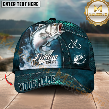 Maxcorners White Bass Fishing Teal Scale Pattern Design Personalized Name 3D Cap