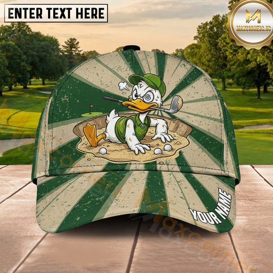 Maxcorners Golf Cartoon Duck Golfer Vintage Sunburst Personalized Name Cap