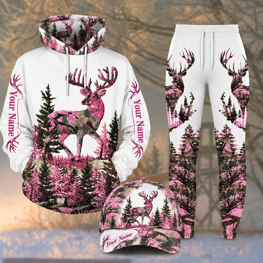 Maxcorners Hunting White Pink Camo Deer Forest Pattern Personalized 3D Combo Hoodie, Sweatpants Set & Cap