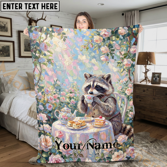 Maxcorners Elegant Raccoon Having Afternoon Tea Party with Cakes Personalized 3D Blanket