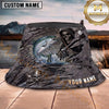 Maxcorners Fishing Blue Water Camo Fishing Illustration Personalized Name 3D Bucket Hat (13 Fish Species)