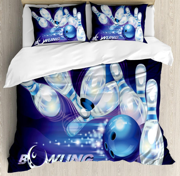 Maxcorners Blue Bowling Ball And Pins 3D Bedding Set