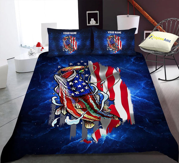 Maxcorners Personalized American Flag Bass Fishing Bedding Set