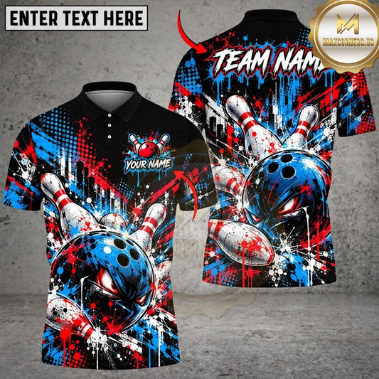 Maxcorners Bowling Abstract Paint Splatter Halftone Dots Pins Strike Artwork Multicolor Customized Name, Team Name 3D Shirts