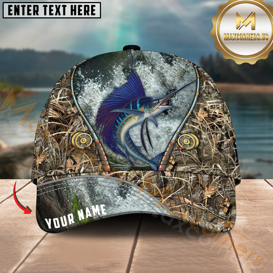 Maxcorners Sailfish Fishing Camo Fishing Rod Design Personalized Name 3D Cap