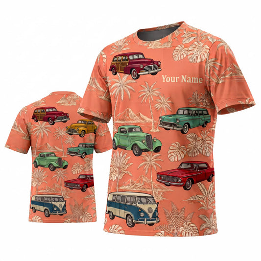 Maxcorners Personalized Car Classic Muscle Car 3D T-Shirt – Coral Orange Tropical Palm Trees and Classic Muscle Cars