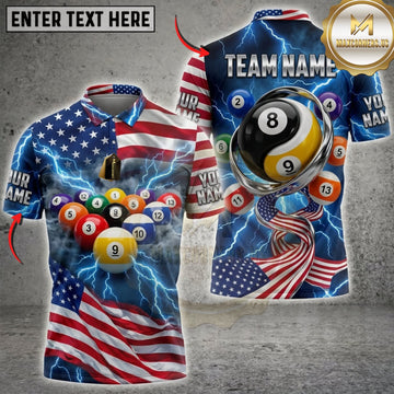 Maxcorners Billiards American Flag Colorful Pool Balls And Blue Lightning Personalized Name 3D Unisex Shirt