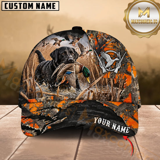 Maxcorners Dog Hunting And Duck Orange Gray Camo Skull Marsh Hunting Scene Multiple Options Personalized Name 3D Cap