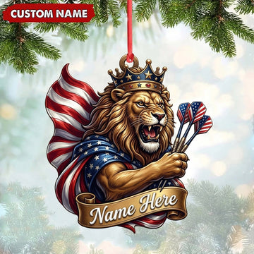 Maxcorners Darts Lover Regal Crowned Lion Mascot, American Flag Drape, Holding Darts Banner Personalized Name Ornament 2D Flat