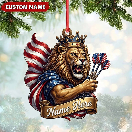 Maxcorners Darts Lover Regal Crowned Lion Mascot, American Flag Drape, Holding Darts Banner Personalized Name Ornament 2D Flat
