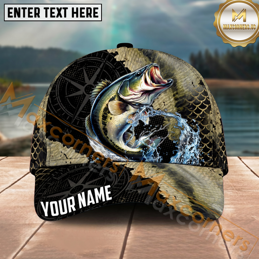 Maxcorners Fishing Olive Compass Scale Water Splash Personalized Name 3D Cap (12 Fish Species)