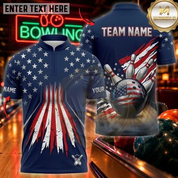 Maxcorners Bowling & Patriotic Pin Strike Graphic Customized Name, Team Name 3D Shirts