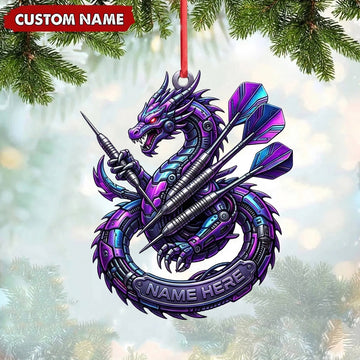 Maxcorners Darts Lover Mythical Dragon Mascot, Coiled Target Ring, Holding Darts Personalized Name Ornament 2D Flat