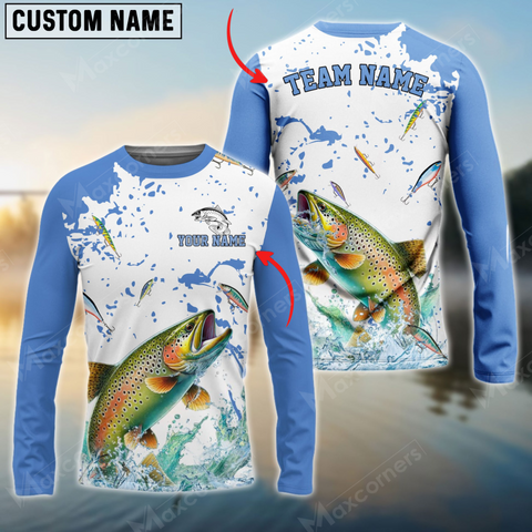 Maxcorners Trout Fishing White Light Blue Personalized Name, Team Name 3D Long Sleeve Shirt