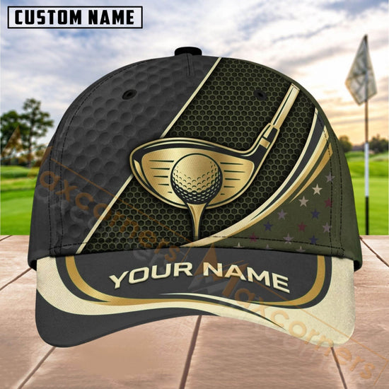 Maxcorners Golf Gold Ball Club Luxury Panel Personalized Name 3D Cap (8 Colors)