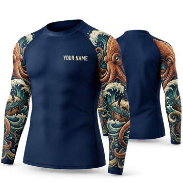 Maxcorners Personalized Japanese Tattoo Navy Shirt with Orange Gold Wave Sleeves 3D All Over Printed Shirts, Best Gifts for Tattoo Lovers