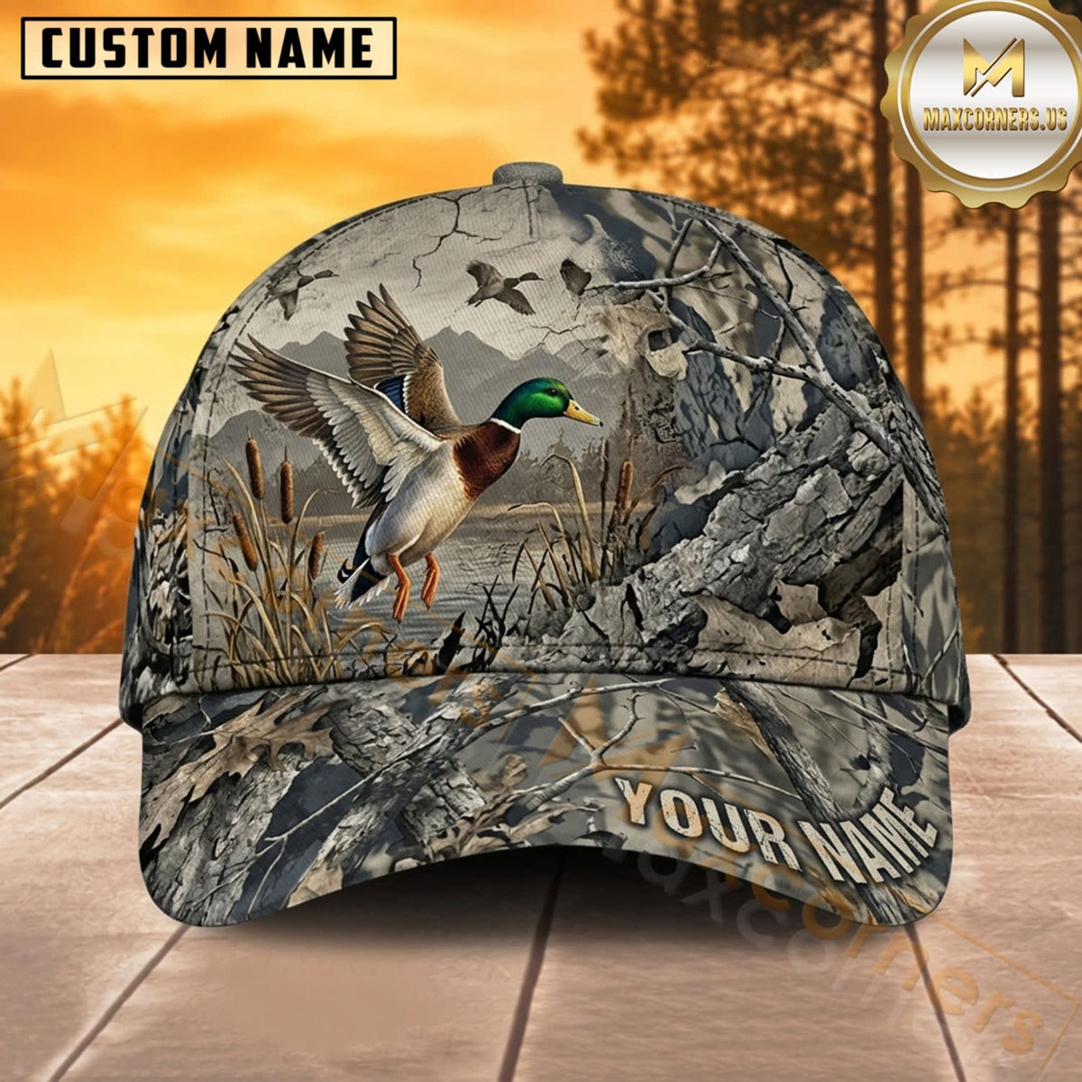 Maxcorners Duck Hunting Mallard Duck Flying Mallard Gray Tree Bark Camo Customized Name 3D Cap