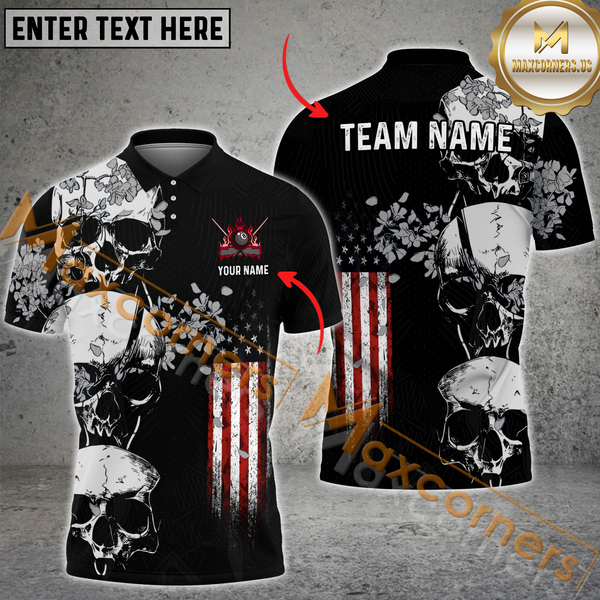 Maxcorners Rebel Skull & US Flag Billiard Jersey Custom Name, Team Name Pool 3D Shirt Edgy American Design Apparel