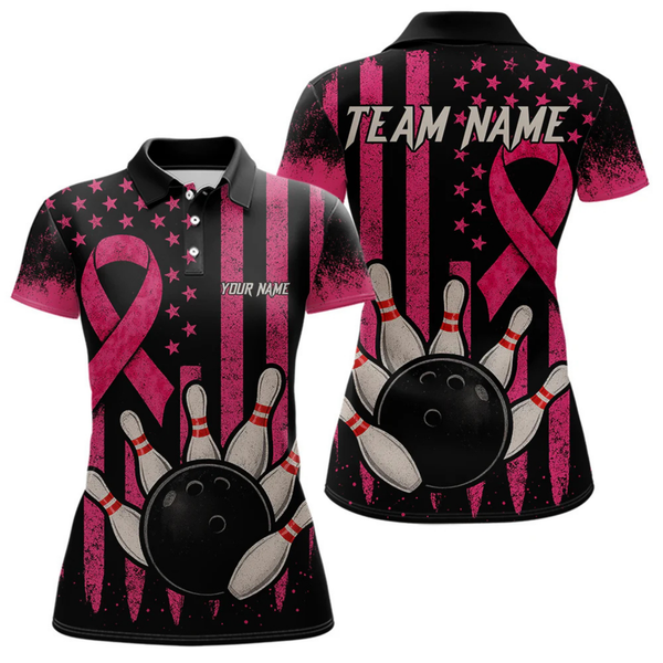 Maxcorners Black and Pink ribbon American Flag Breast Cancer Bowling Shirts For Men Custom Bowling Team Jerseys LM064