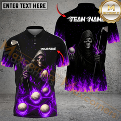 Maxcorners Flaming Reaper Golf Polo Shirt, Custom Name & Team Name 3D Shirts