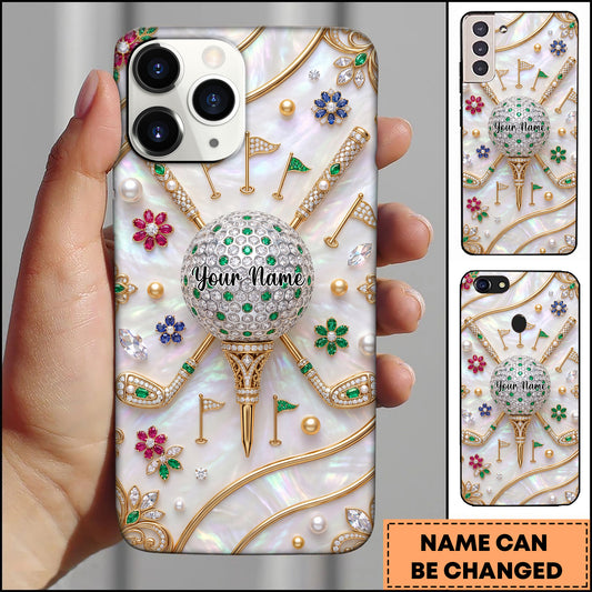 Maxcorners Golf Elegant Pearl and Rhinestone Inlaid Motif Rose Gold Personalized Phone Case