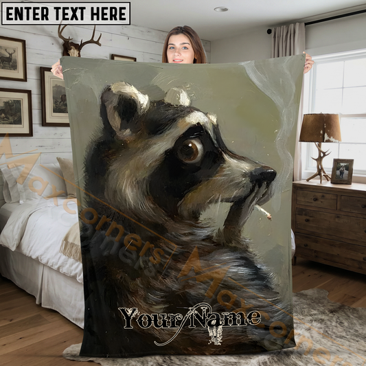 Maxcorners Artistic Raccoon Smoking Cigarette Oil Painting Portrait Personalized 3D Blanket