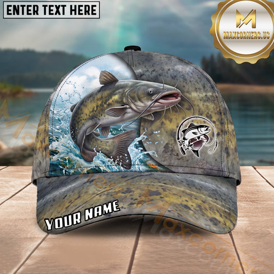 Maxcorners Fishing Olive Scale Wave Splash Circle Logo Personalized Name 3D Cap (12 Fish Species)