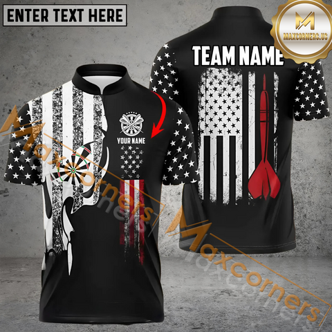 Maxcorners Darts Skull Vintage USA Flag Customized Name, Team Name 3D Polo Shirt