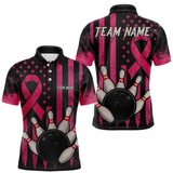 Maxcorners Black and Pink ribbon American Flag Breast Cancer Bowling Shirts For Men Custom Bowling Team Jerseys LM064