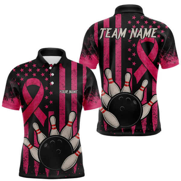 Maxcorners Black and Pink ribbon American Flag Breast Cancer Bowling Shirts For Men Custom Bowling Team Jerseys LM064