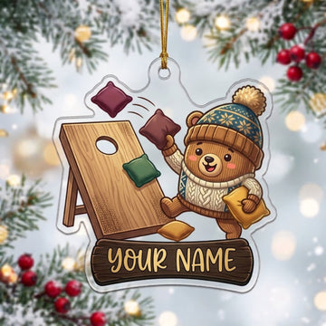 Maxcorners Cornhole Christmas Teddy Bear Wooden Board Customized Name 3D Keychain And Ornament