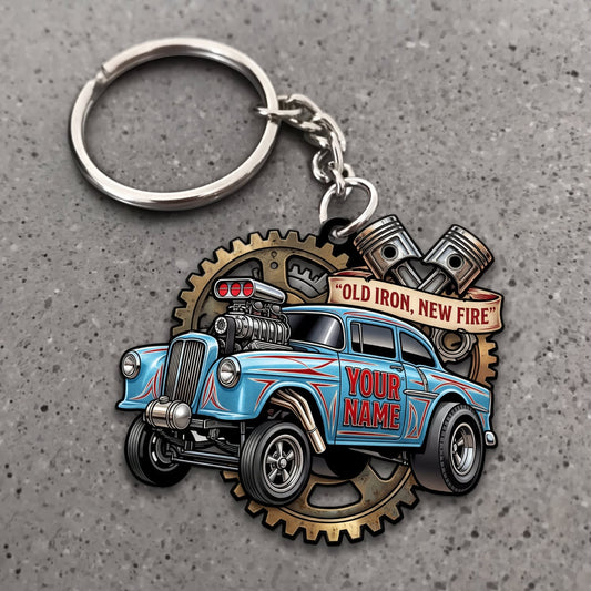 Maxcorners Hot Rod Blue Classic Pickup Truck with Retro Garage Gear Frame Personalized Name 3D Keychain And Ornament