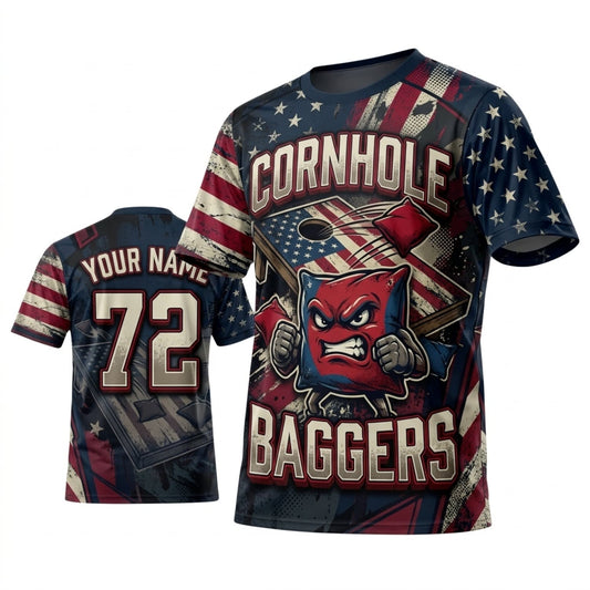 Maxcorners Cornhole USA Baggers Vintage Patriotic Personalized Name 3D Unisex Shirt