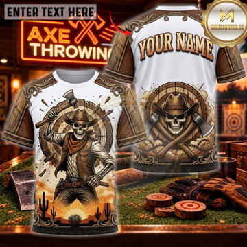 Maxcorners Axe Throwing Western Cowboy Skull Personalized Name 3D Unisex Shirt