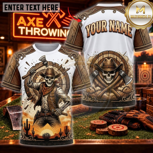 Maxcorners Axe Throwing Western Cowboy Skull Personalized Name 3D Unisex Shirt