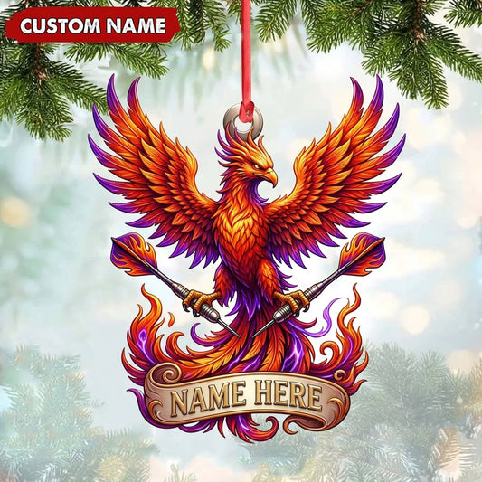 Maxcorners Darts Lover Mythical Phoenix Mascot, Fiery Wings, Holding Darts Banner Personalized Name Ornament 2D Flat