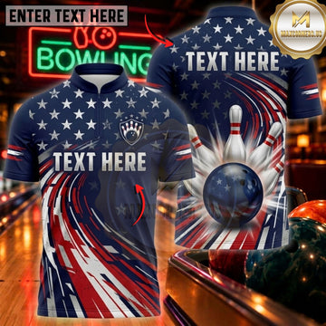 Maxcorners Bowling & American Flag Pin Motion Graphic Customized Name, Team Name 3D Shirts