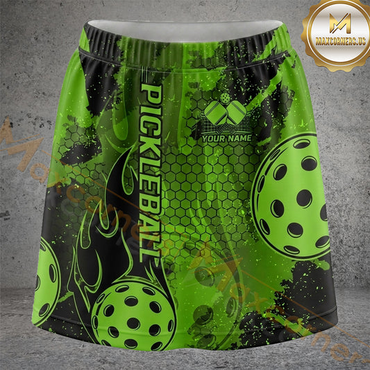 Maxcorners Pickleball Green Black Grunge Paddle Ball Personalized 3D Skort, Skirts With Shorts