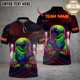 Maxcorners Bowling Neon Monster with Bowling Ball and Pins Multicolor Customized Name, Team Name 3D Shirts