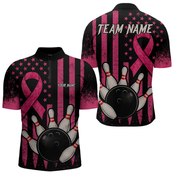 Maxcorners Black and Pink ribbon American Flag Breast Cancer Bowling Shirts For Men Custom Bowling Team Jerseys LM064