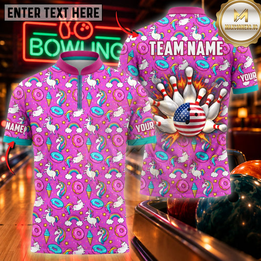 Maxcorners Bowling Cute Flamingo Pattern Pin Strike Apparel Customized Name, Team Name 3D Shirts