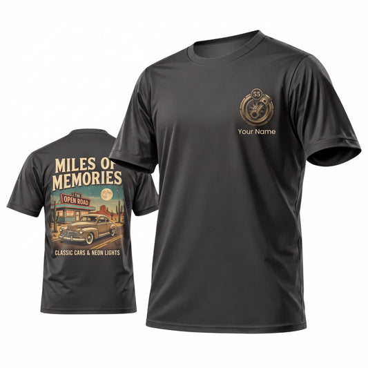 Maxcorners Personalized Car Classic Muscle Car 3D T-Shirt – Dark Gray Miles of Memories Vintage Road Trip Car