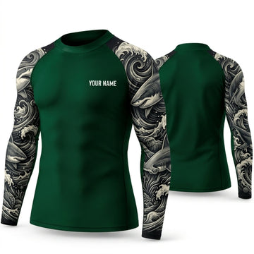 Maxcorners Personalized Tribal Tattoo Forest Green Shirt with Silver Tribal Sleeves 3D All Over Printed Shirts, Best Gifts for Tattoo Lovers