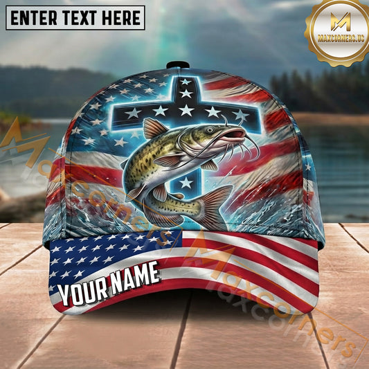 Maxcorners Fishing Patriotic Cross Flag Personalized Name 3D Cap (12 Fish Species)