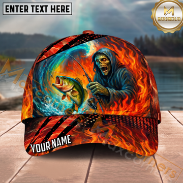 Maxcorners Fishing Fire Reaper Skull Personalized Name 3D Cap (12 Fish Species)