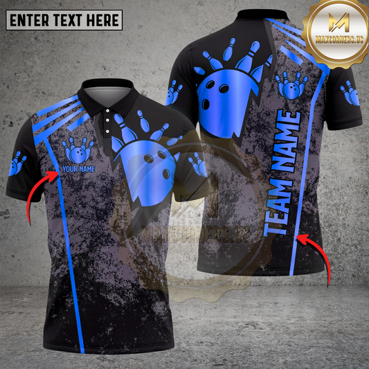 Maxcorners Bowling Polo Shirt Grunge Bowling Ball Team Style Multicolor Options Personalized Name, Team Name 3D Shirt (4 Colors)
