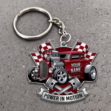 Maxcorners Hot Rod Red Classic Roadster with Checkered Racing Flags and Power in Motion Badge Personalized Name 3D Keychain And Ornament