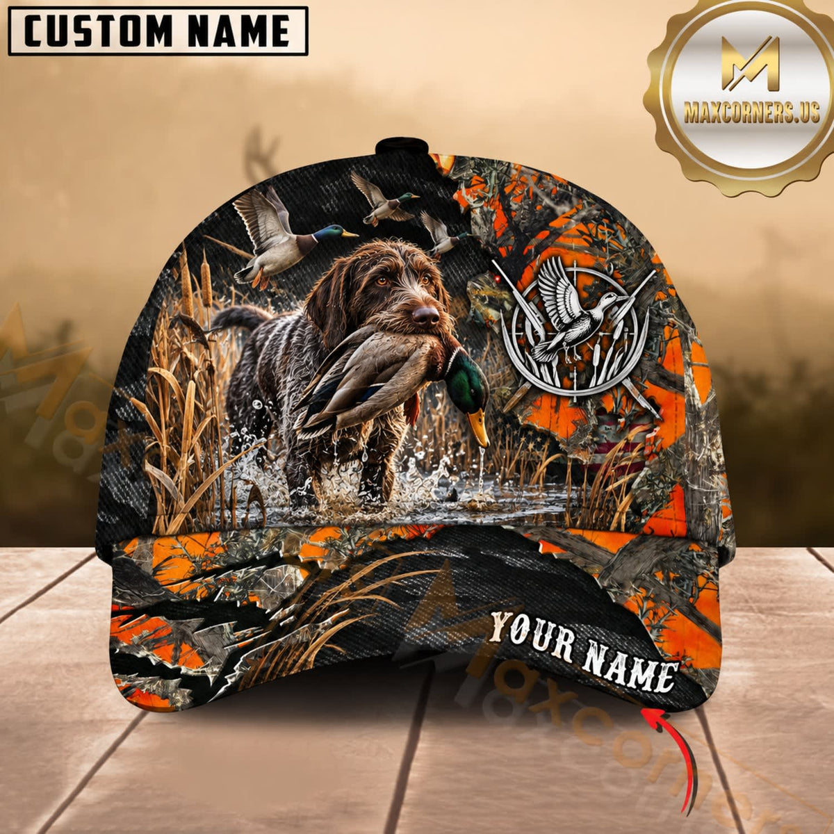 Maxcorners Dog Hunting And Duck Orange Gray Camo Skull Marsh Hunting Scene Multiple Options Personalized Name 3D Cap