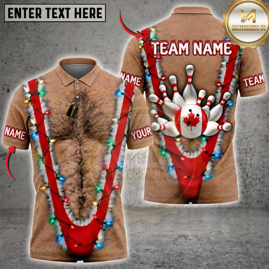 Maxcorners Bowling Funny Hairy Chest Canadian Maple Leaf Bowling Pins Personalized Name 3D Unisex Shirt